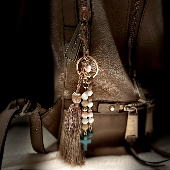 Bag charm - tassel, Mix gemstones and wooden beads, turquoise cross - Picture 1 of 4